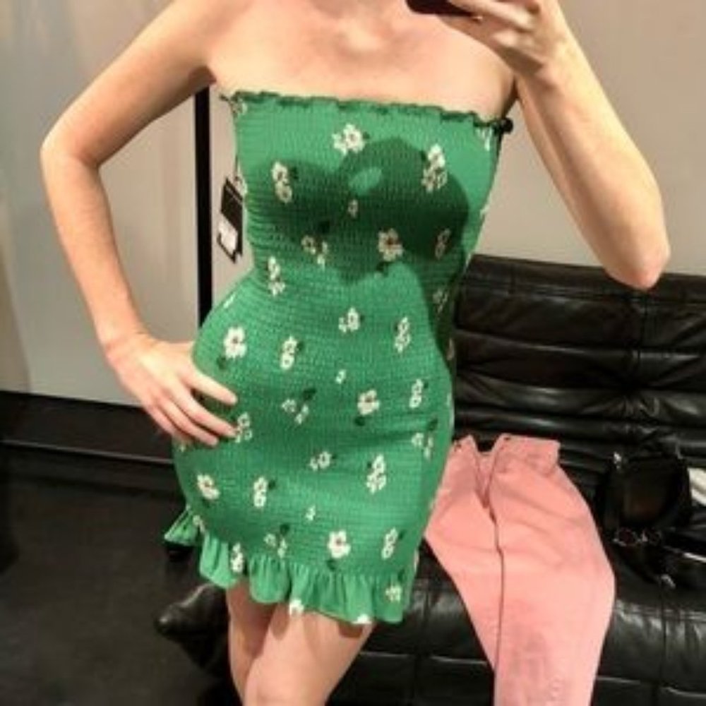 reformation green floral stripless dress